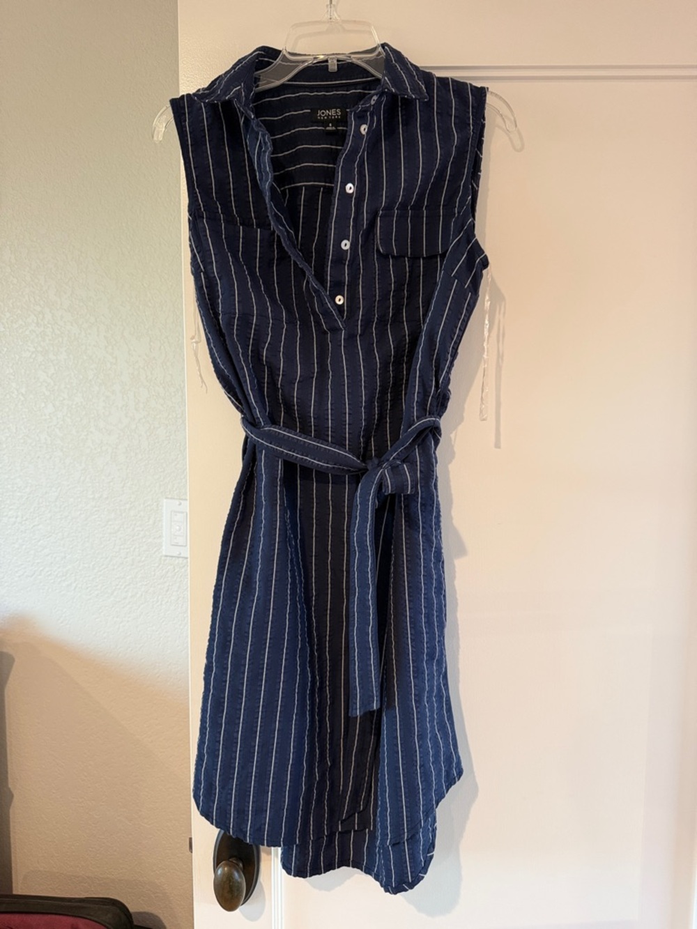 Jones New York Navy and White Sleeveless Midi Shirt Dress